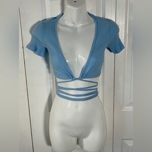 Shareen Collections Australia Baby Blue Low Cut Crop Wraparound Top